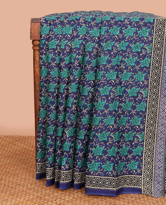 Blue floral printed mul mul cotton saree, diamond patterns printed border, and pallu of intricate print