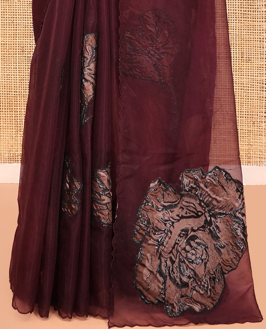 Purple Turkey Organza Saree Features Rose Floral Applique Embroidery, a Scallop Border, Matching Blouse