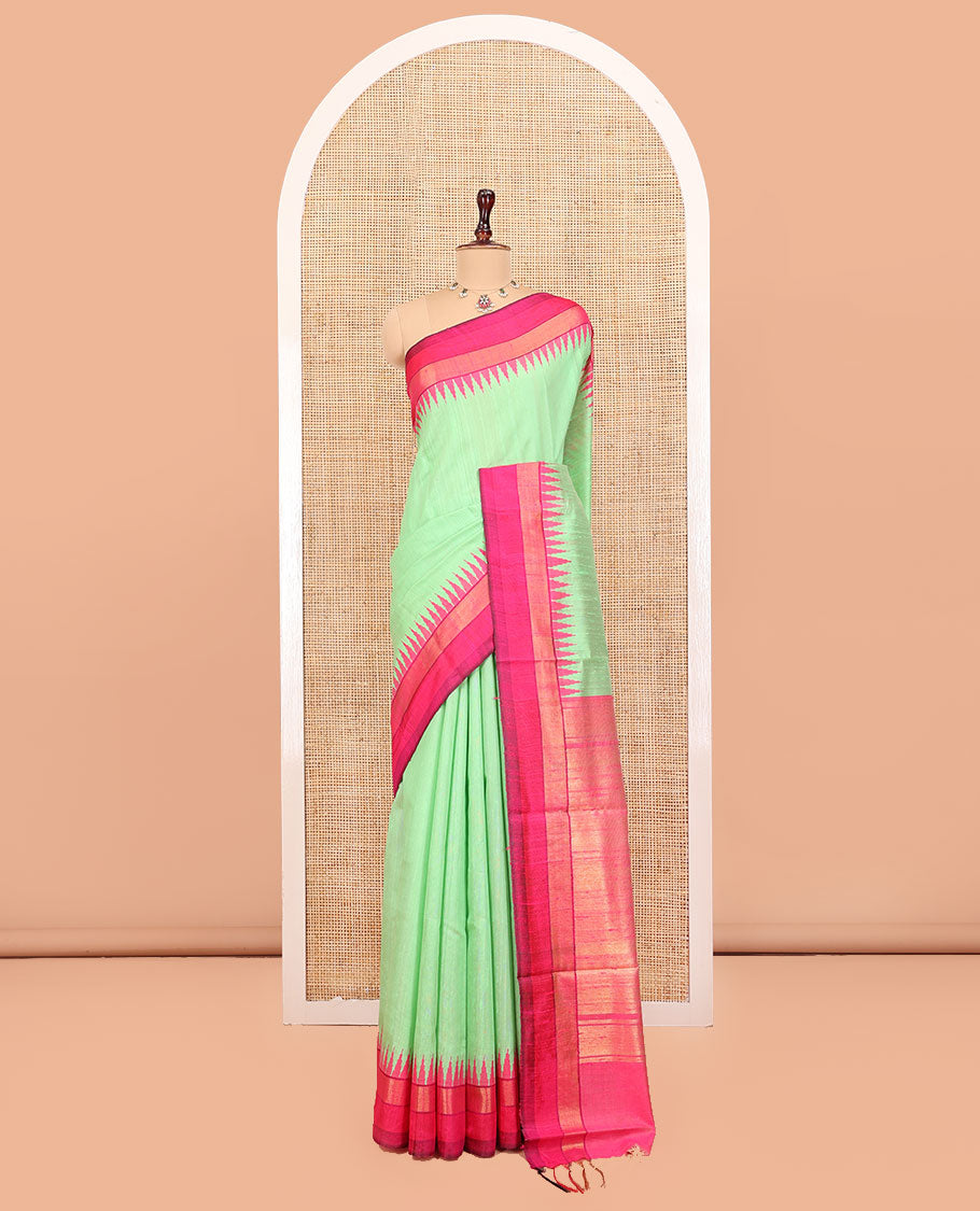 Green Plain Dupion Saree, Complemented by Contrast Temple Zari Border, Gleaming Zari Design Pallu, and Paired with a Contrast Blouse