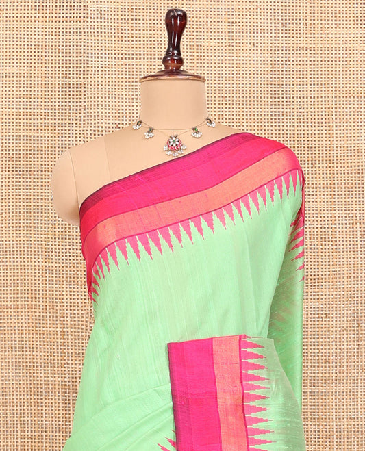 Green Plain Dupion Saree, Complemented by Contrast Temple Zari Border, Gleaming Zari Design Pallu, and Paired with a Contrast Blouse