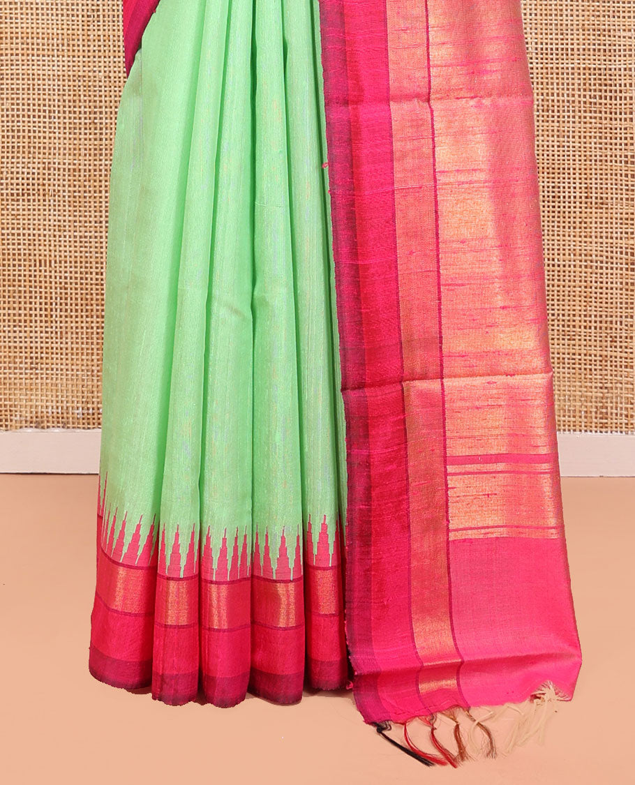Green Plain Dupion Saree, Complemented by Contrast Temple Zari Border, Gleaming Zari Design Pallu, and Paired with a Contrast Blouse