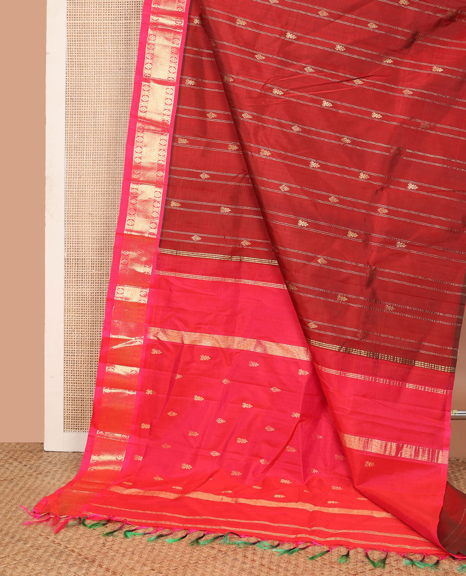 Red zari buttas Kanchipuram silk saree, contrast one-sided border of laddu kamalam, and mayil kann designs, and zari design pallu