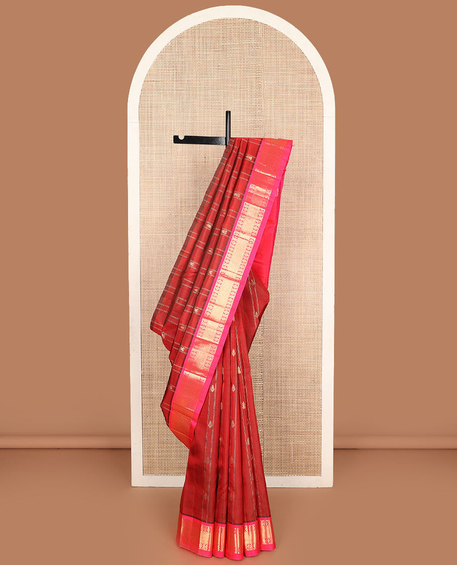 Red zari buttas Kanchipuram silk saree, contrast one-sided border of laddu kamalam, and mayil kann designs, and zari design pallu