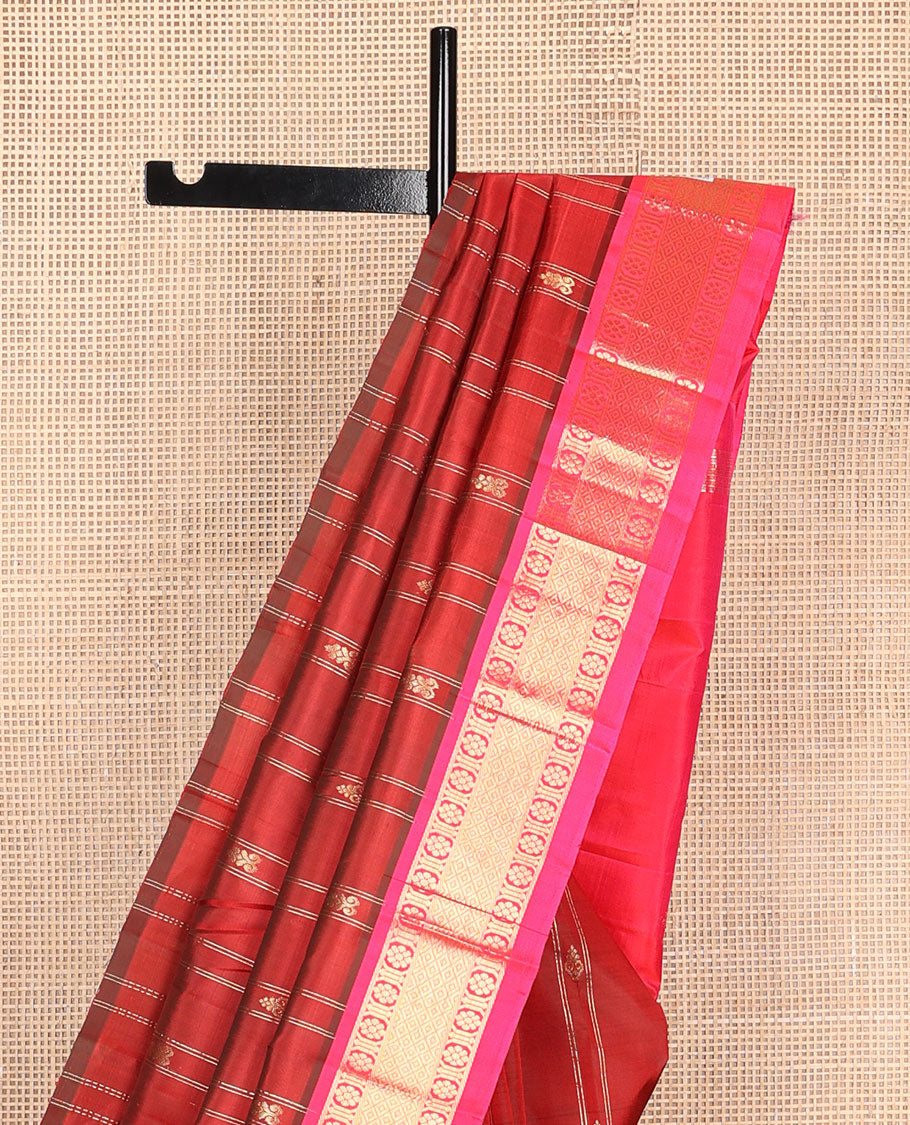 Red zari buttas Kanchipuram silk saree, contrast one-sided border of laddu kamalam, and mayil kann designs, and zari design pallu