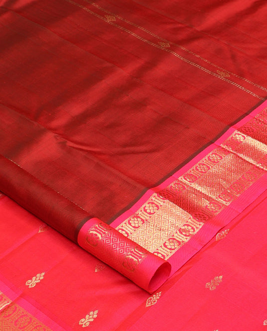 Red zari buttas Kanchipuram silk saree, contrast one-sided border of laddu kamalam, and mayil kann designs, and zari design pallu