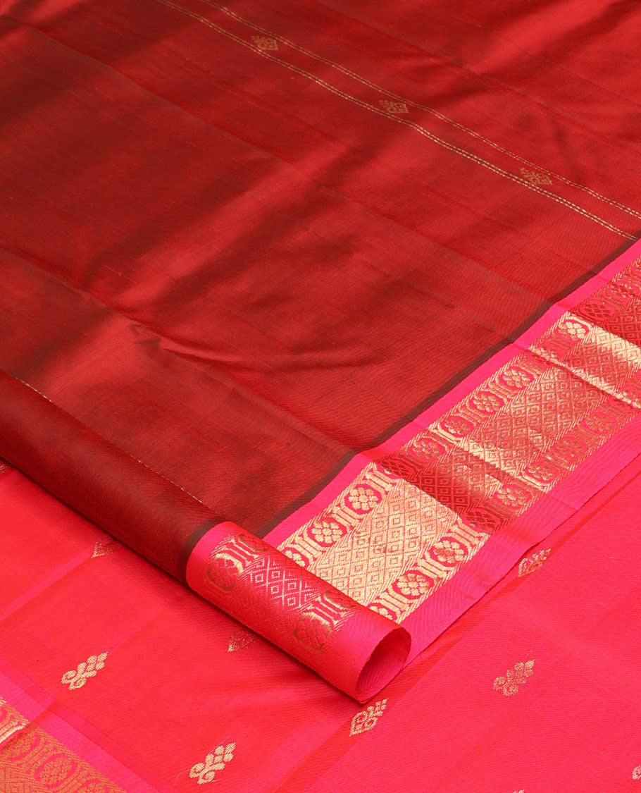 Red zari buttas Kanchipuram silk saree, contrast one-sided border of laddu kamalam, and mayil kann designs, and zari design pallu