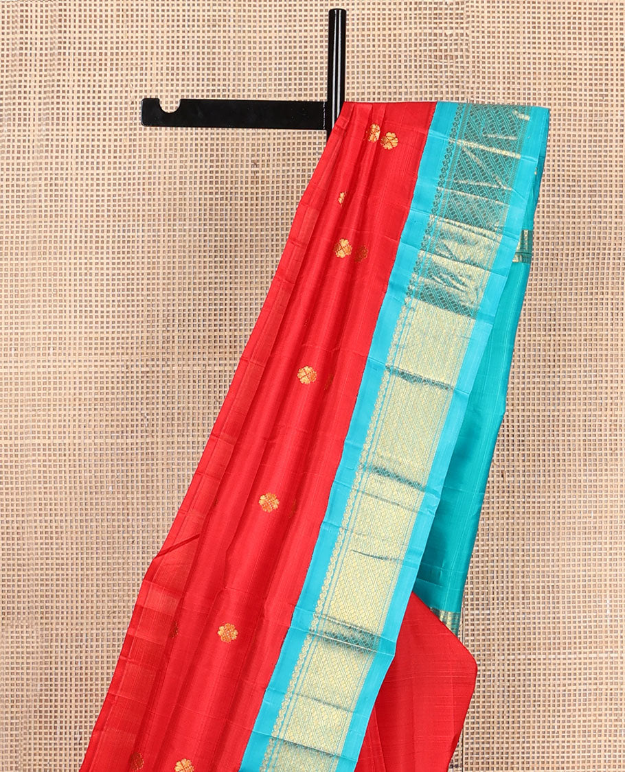 Red zari buttas kanchipuram silksaree, contrast one-sided korvai border of salngai & puli nagam & zari design pallu