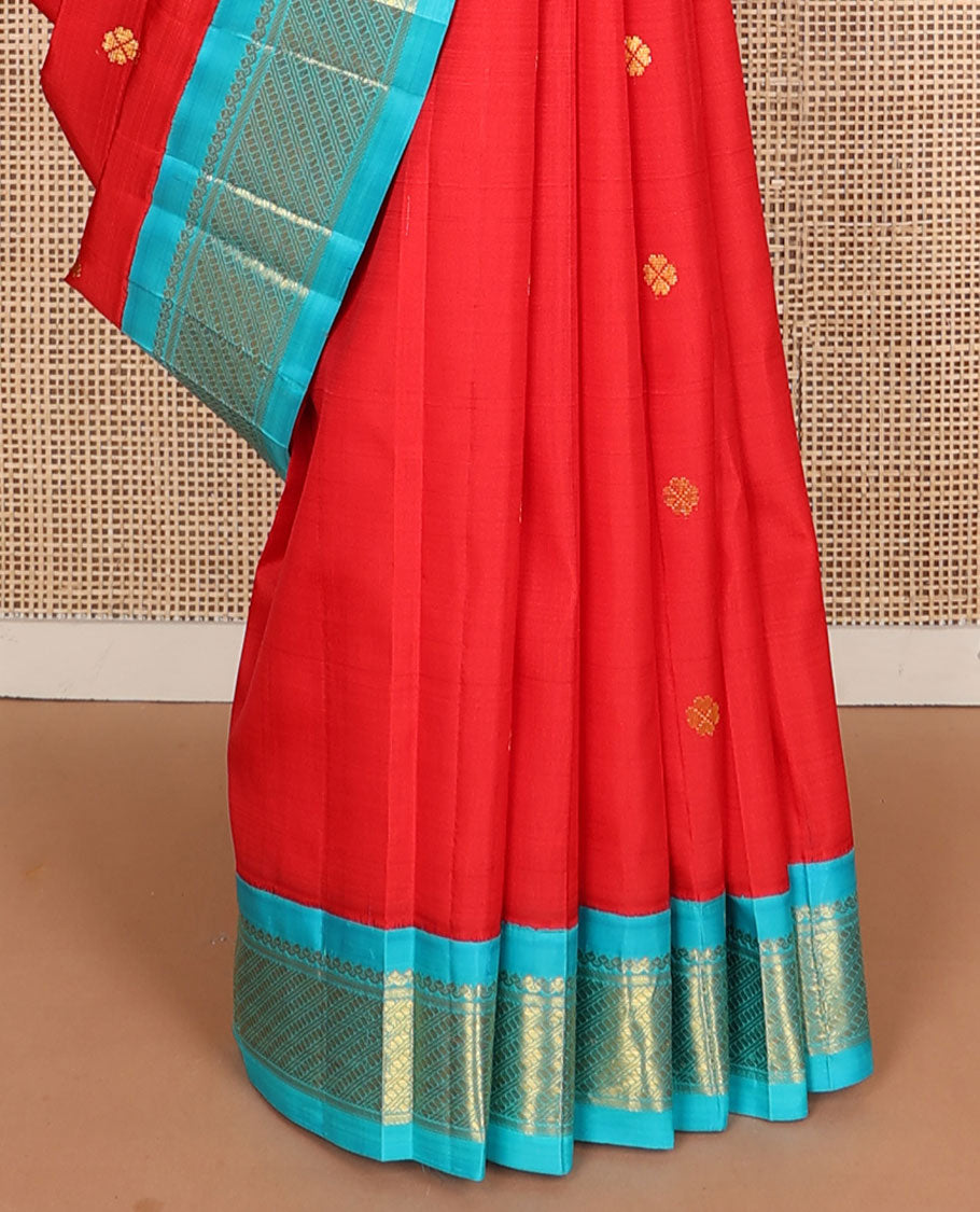 Red zari buttas kanchipuram silksaree, contrast one-sided korvai border of salngai & puli nagam & zari design pallu