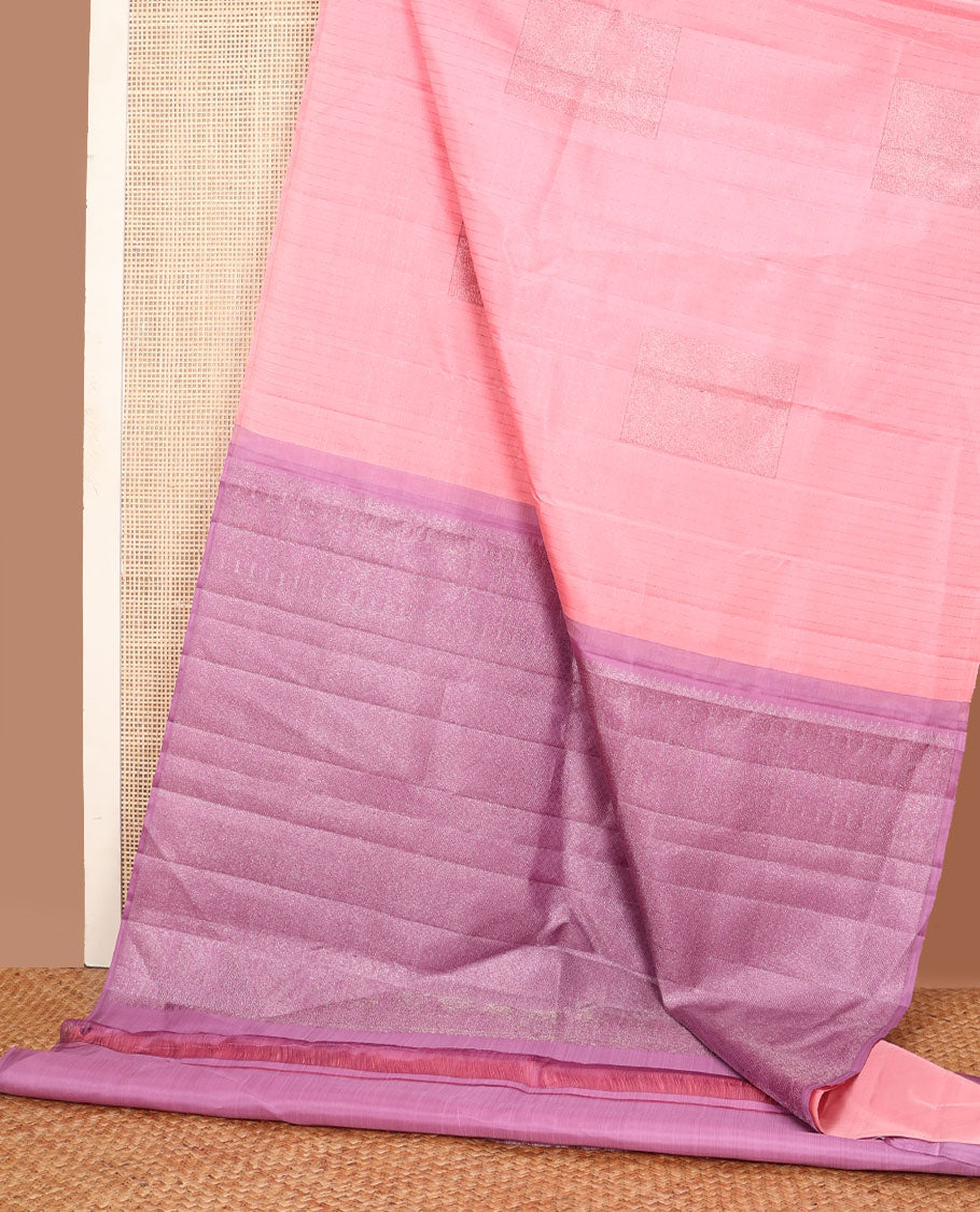 Borderless pink zari stripes & yaanai buttas Kanchipuram silk saree, contrast jaal pallu