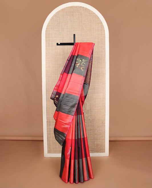 Multi-colored bird buttas enclosed checked Kanchipuram silk saree, striped piping border, and zari-rich pallu
