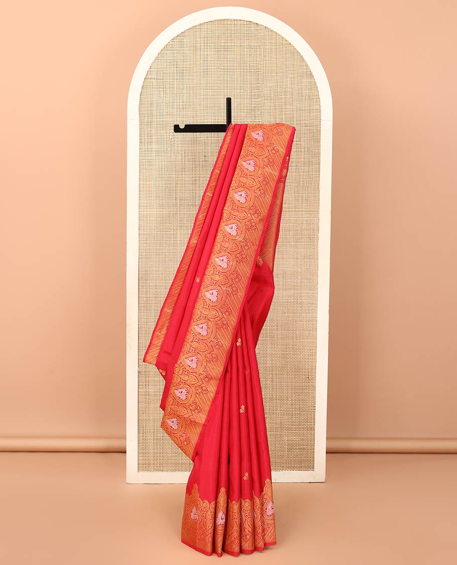Red zari buttas Kanchipuram designer saree, intricately designed border, and pallu