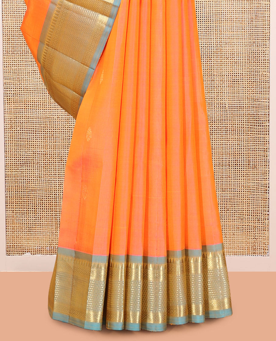 Orange Kanchipuram Silk Saree, Bedecked with Zari Buttas, Complemented by a Contrast Border of Rekku, Mayil Kann, and Muthu Design, Pallu of Zari Design, and No Blouse