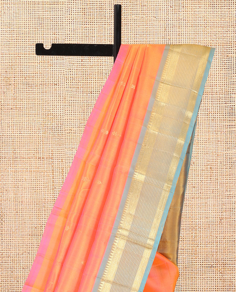 Orange Kanchipuram Silk Saree, Bedecked with Zari Buttas, Complemented by a Contrast Border of Rekku, Mayil Kann, and Muthu Design, Pallu of Zari Design, and No Blouse