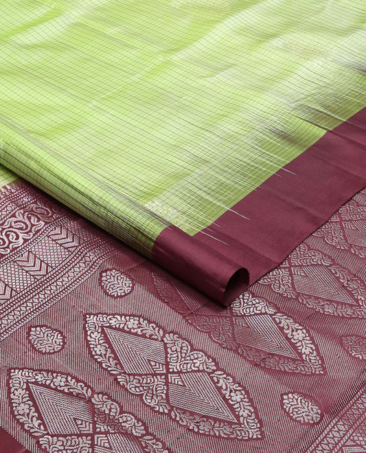 Green checked, floral motifs mayuri soft silk saree with contrast border & floral zari design pallu