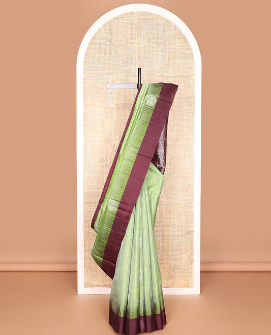 Green checked, floral motifs mayuri soft silk saree with contrast border & floral zari design pallu