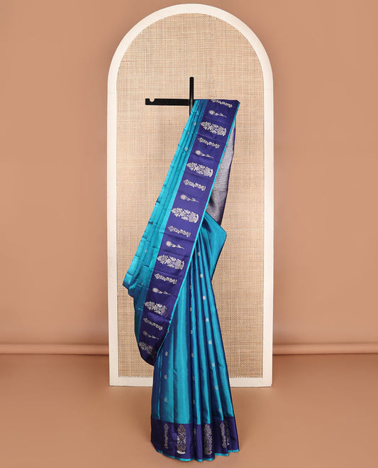 Blue soft silk saree with zari buttas, contrast zari design border & zari weave pallu