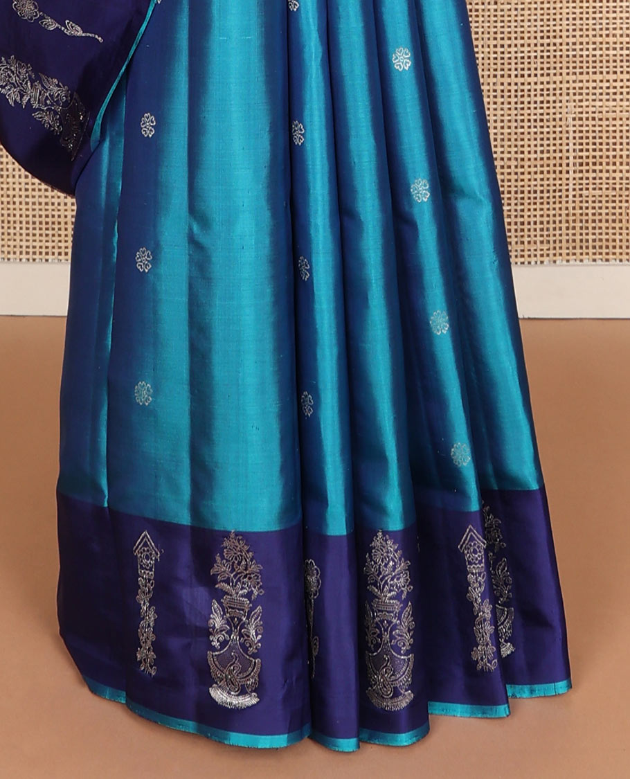 Blue soft silk saree with zari buttas, contrast zari design border & zari weave pallu