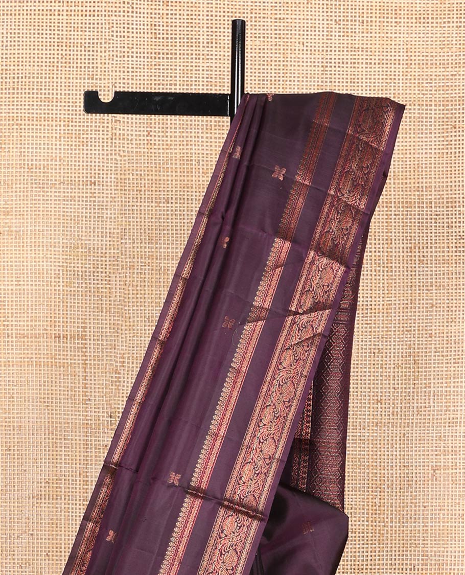 Eggplant purple zari buttas soft silk saree, rettai pettu border of thilakam mokku, neli, and kodi visiry designs, and geometric patterned pallu