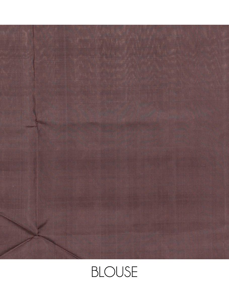 Eggplant purple zari buttas soft silk saree, rettai pettu border of thilakam mokku, neli, and kodi visiry designs, and geometric patterned pallu