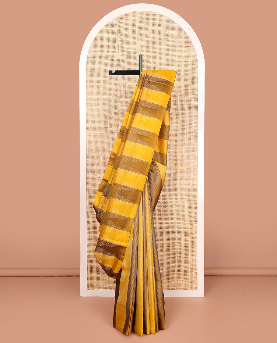 Broderless yellow striped and temple design soft silk saree, zari woven pallu of seppu rekku designs