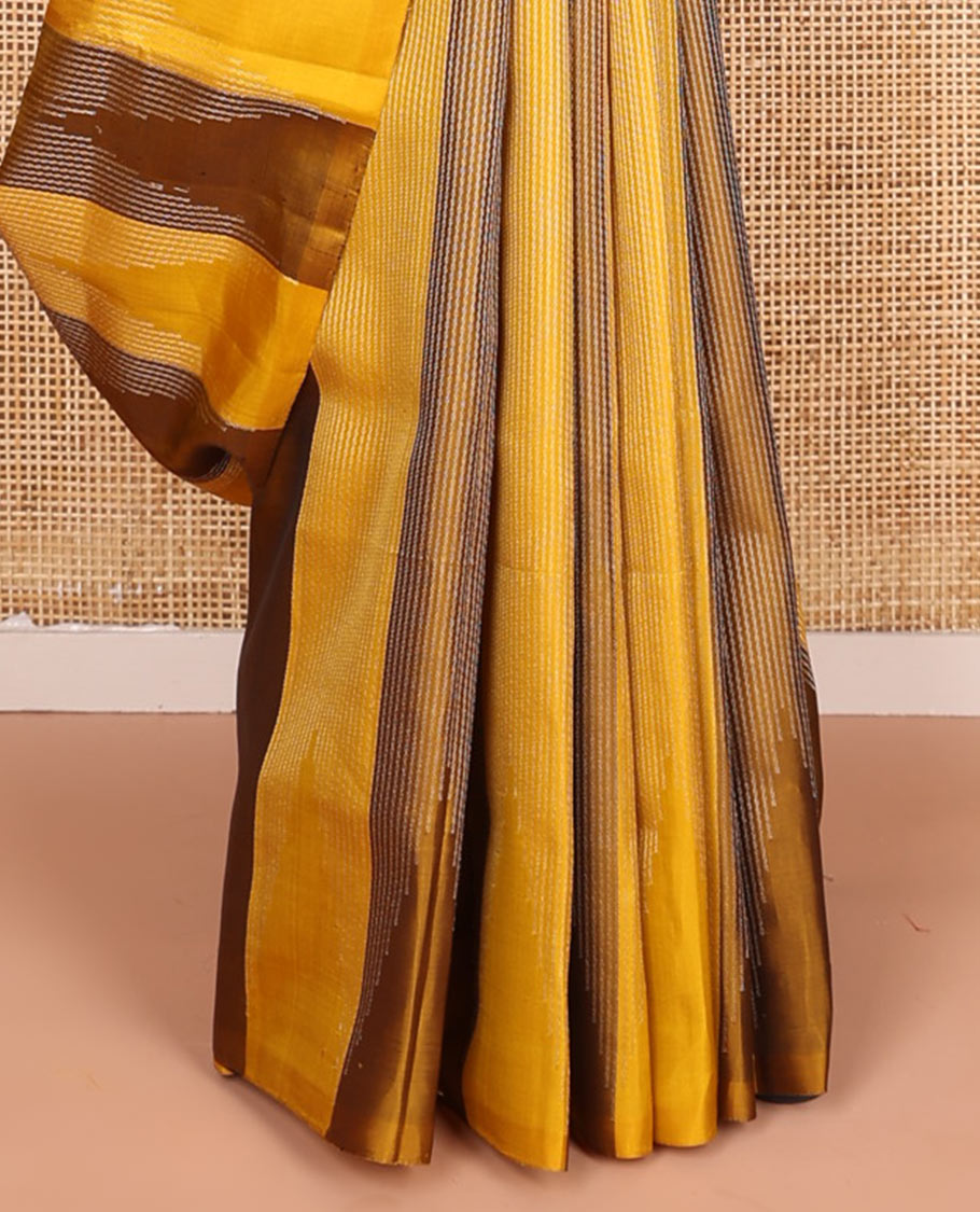 Broderless yellow striped and temple design soft silk saree, zari woven pallu of seppu rekku designs