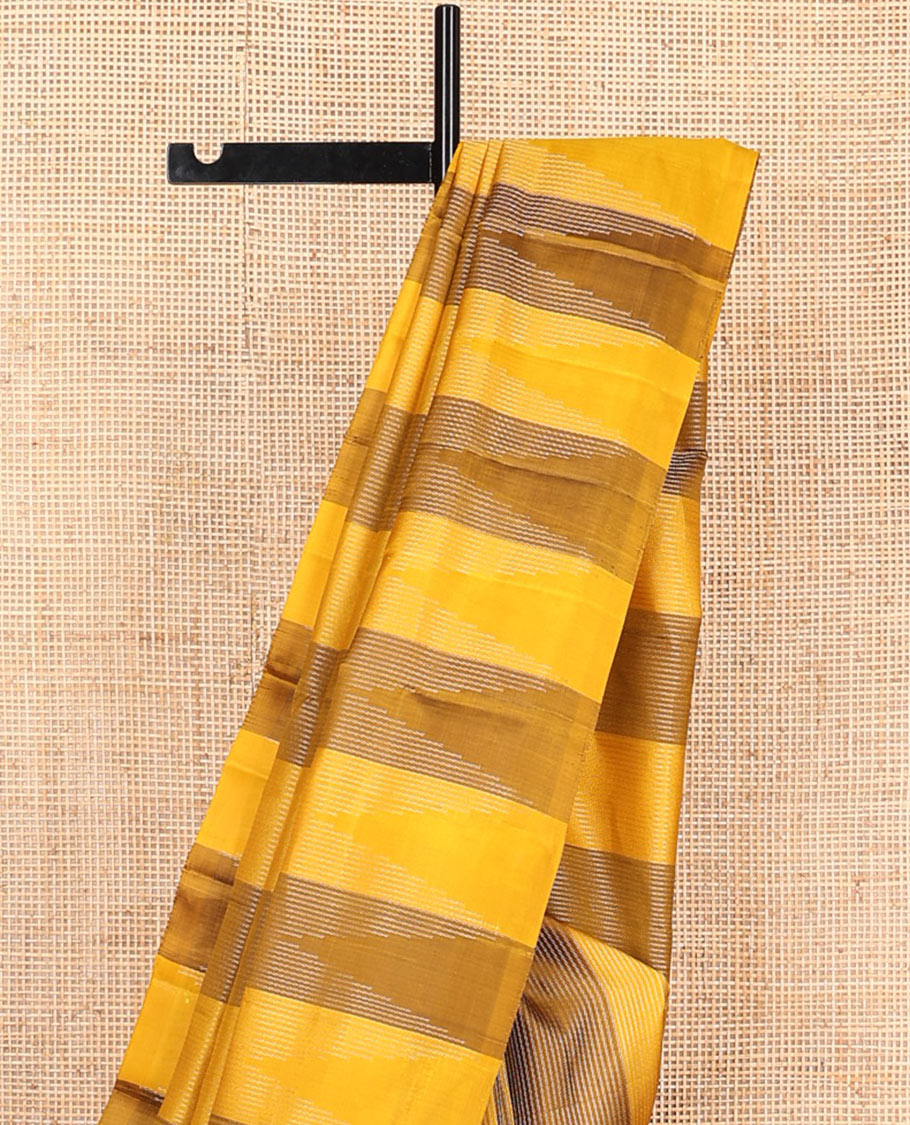 Broderless yellow striped and temple design soft silk saree, zari woven pallu of seppu rekku designs