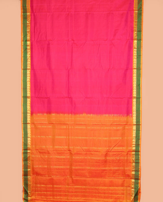 Pink vazhaipoo striped ten-yard silk saree, contrast rettai pettu border of kathir & kuyil kann manga design & zari striped pallu