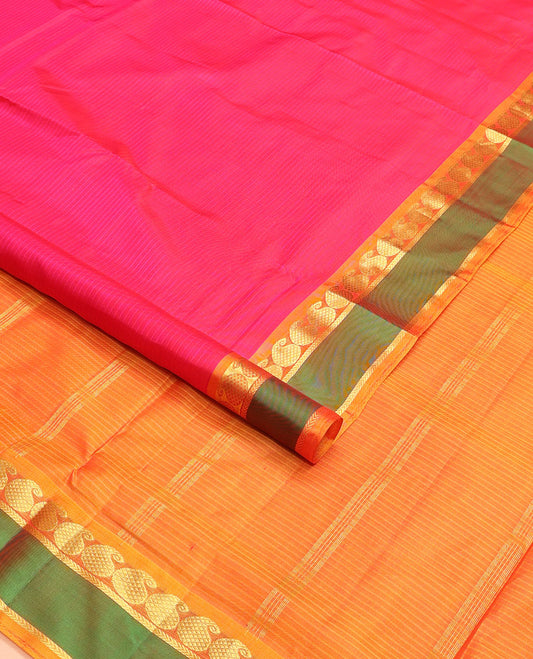 Pink vazhaipoo striped ten-yard silk saree, contrast rettai pettu border of kathir & kuyil kann manga design & zari striped pallu