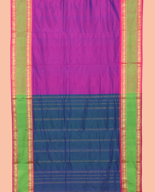 Purple Plain Nine-Yard Saree, Complemented by a Contrast Rettai Pettu Traditional Zari Border, Contrast Pallu of Stripes, and No Blouse