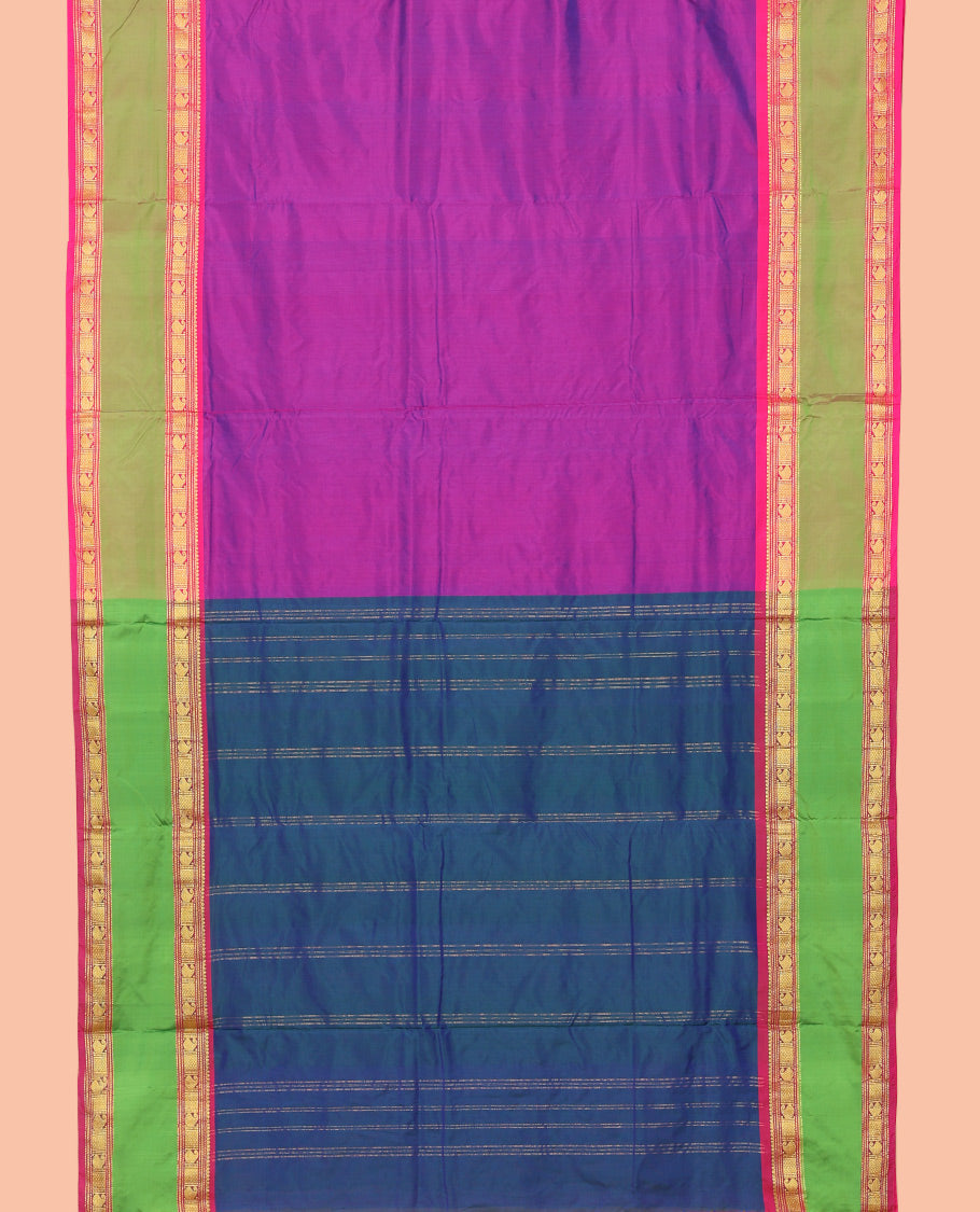 Purple Plain Ten Yard Saree, Complemented by a Contrast Rettai Pettu Traditional Zari Border, Contrast Pallu of Stripes, and No Blouse