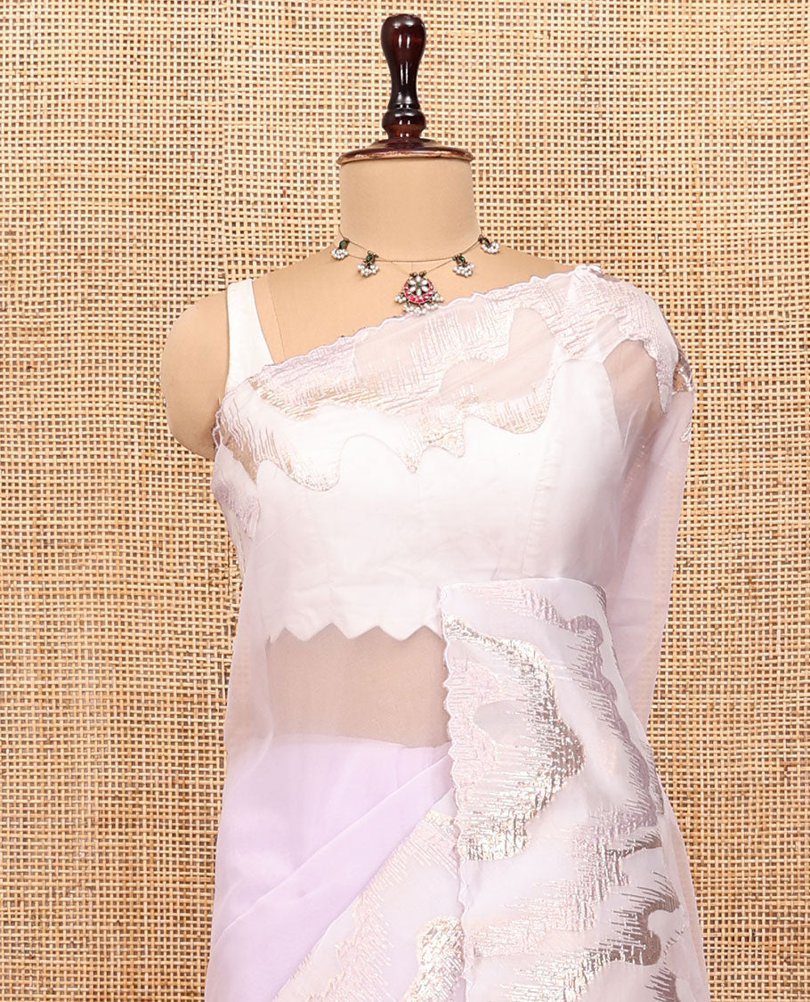 Pale Lavender Plain Organza Saree, Gleamed Up with Golden-Foil Floral Embroidery Border and a Matching Blouse