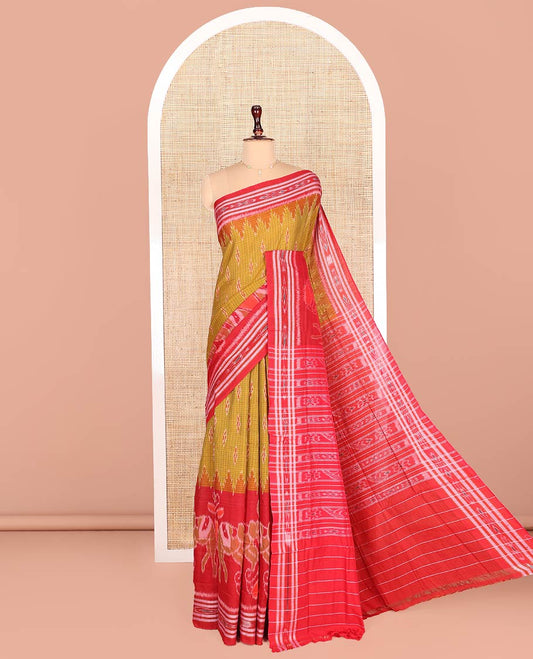 Mustard Odisha Cotton Saree, Adorned with Floal Butta Enclosed Diamond Patterns All Over the Body, Complemented by a Contrast Border of Thread Designs, Pallu of Floral Designs in Hazily Weave, and Paired with a Matching Blouse