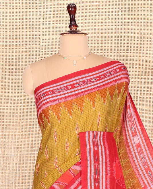 Mustard Odisha Cotton Saree, Adorned with Floal Butta Enclosed Diamond Patterns All Over the Body, Complemented by a Contrast Border of Thread Designs, Pallu of Floral Designs in Hazily Weave, and Paired with a Matching Blouse