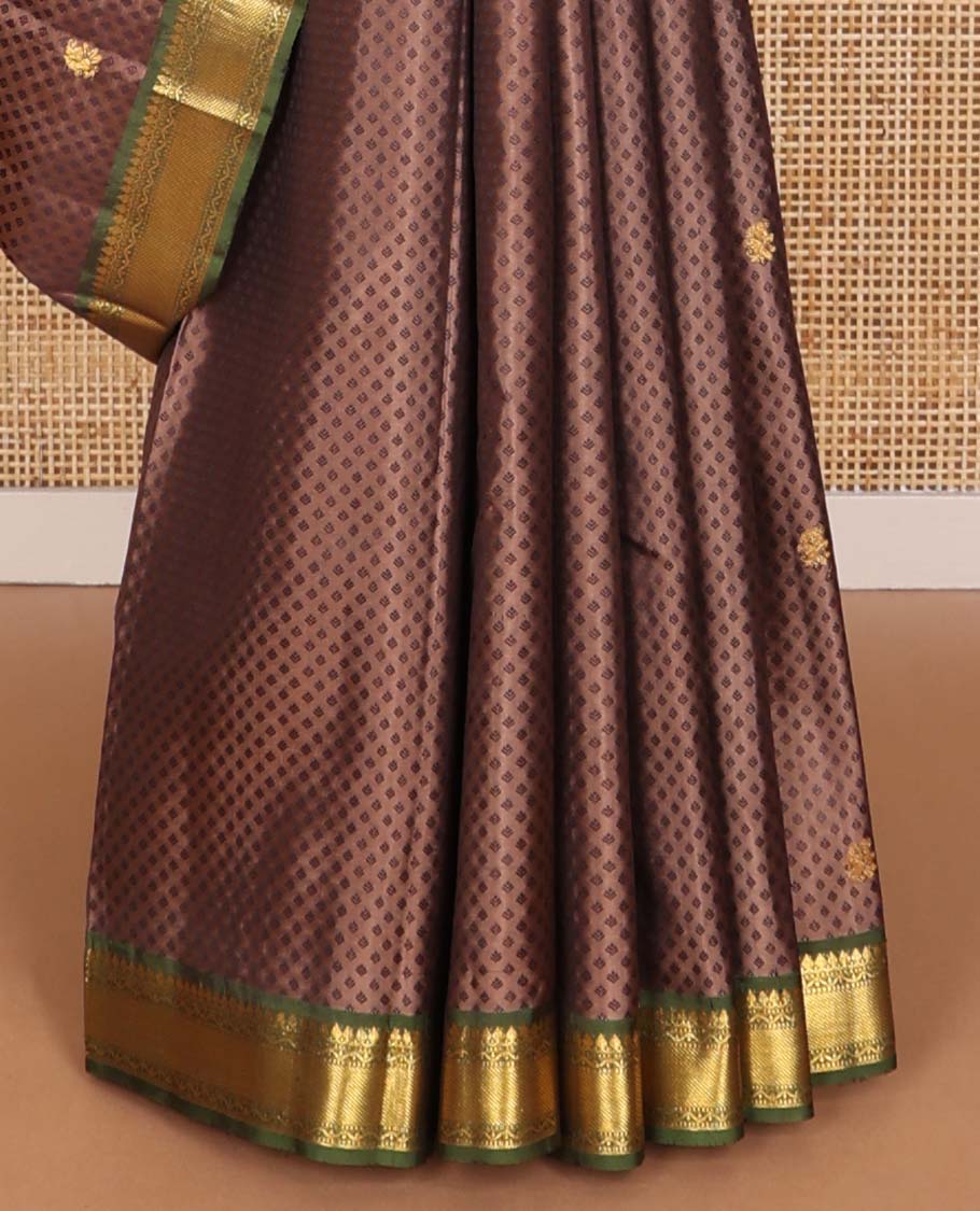 Brown floral design silk saree with contrast border of rekku, muthu, banaras design & zari design pallu