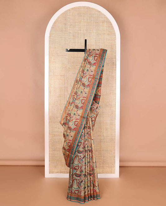 Cream floral design printed silk saree with contrast floral design border & floral design pallu