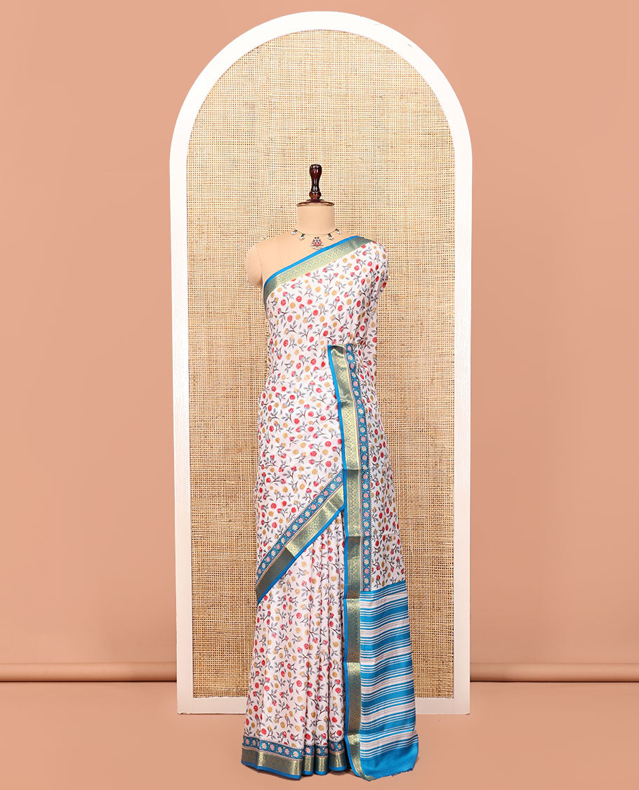 Cream Printed Silk Saree Adorned with a Floral Print, Contrast Traditional Zari Border, Striped Pallu, and Contrast Blouse