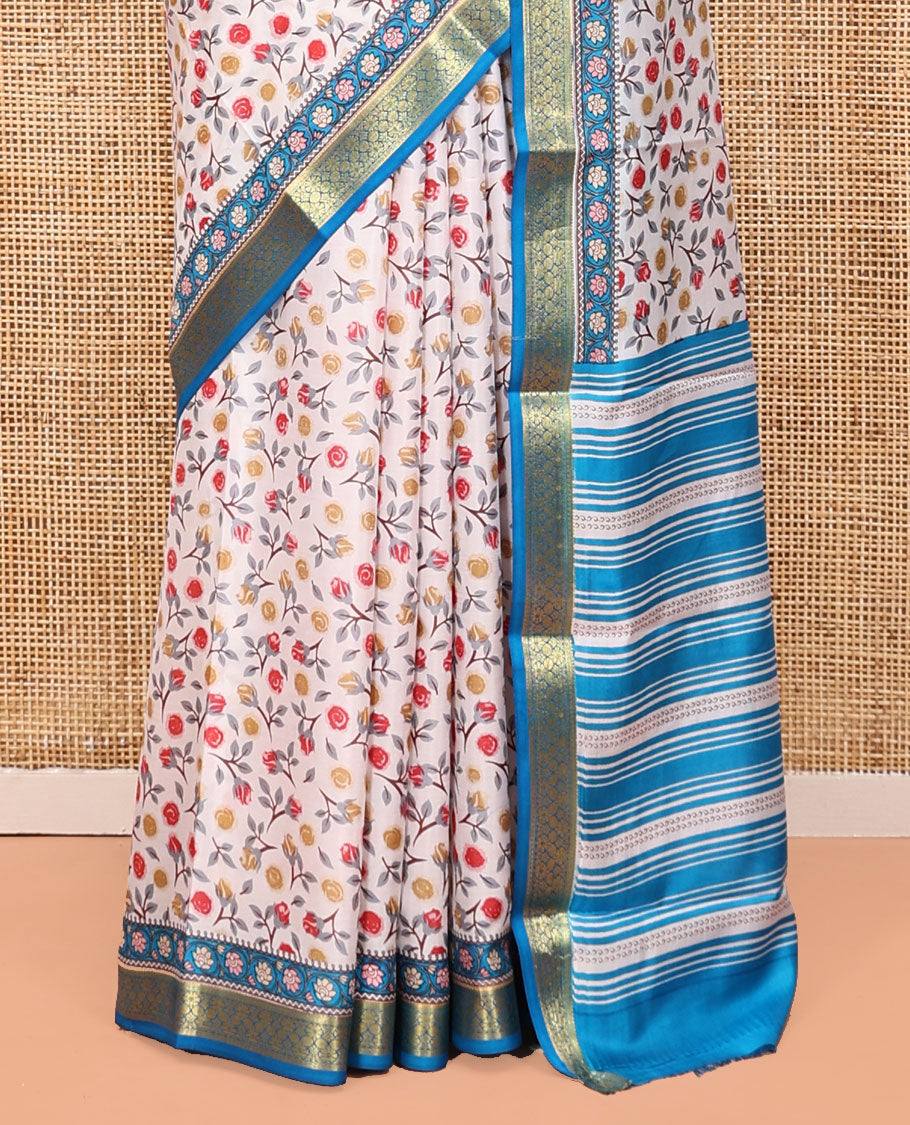 Cream Printed Silk Saree Adorned with a Floral Print, Contrast Traditional Zari Border, Striped Pallu, and Contrast Blouse