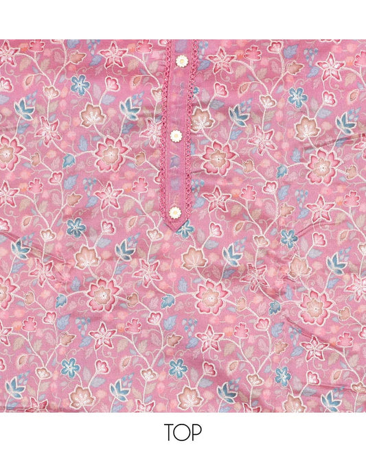 Pink chudidhar material set,floral vine design printed organza top,plain bottom & floral vine embroidery organza dupatta