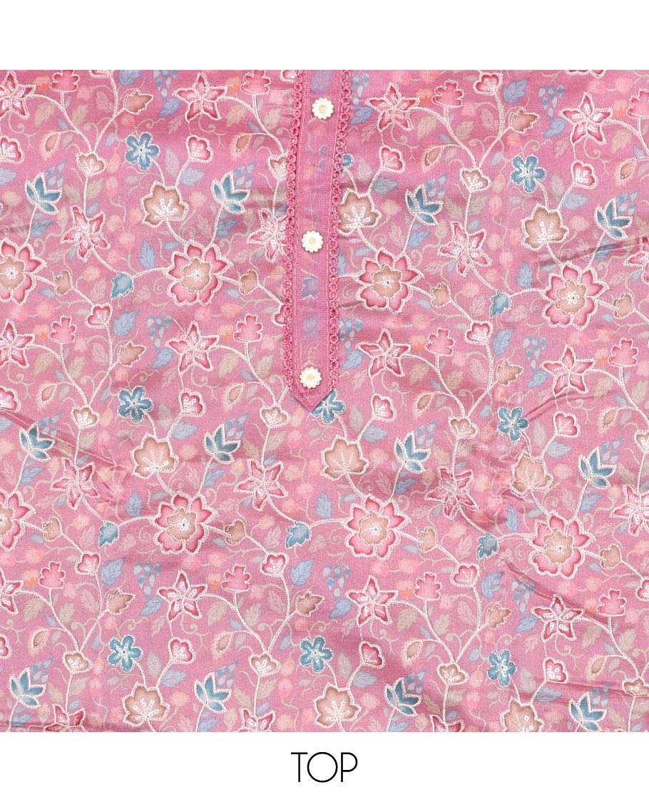 Pink chudidhar material set,floral vine design printed organza top,plain bottom & floral vine embroidery organza dupatta