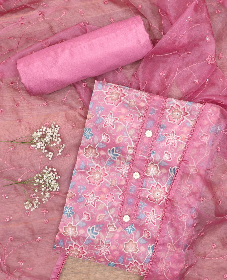 Pink chudidhar material set,floral vine design printed organza top,plain bottom & floral vine embroidery organza dupatta
