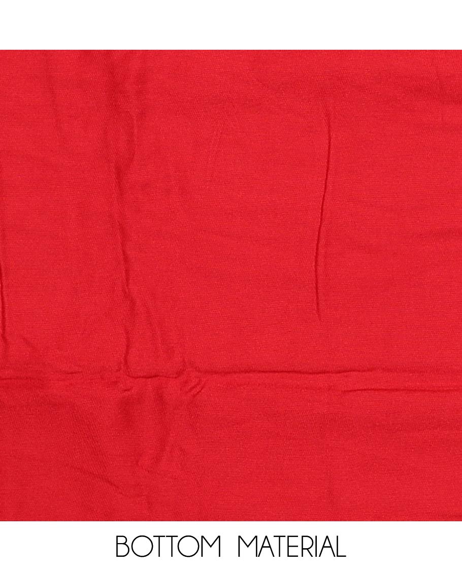 Red material churidar set, floral and kaleidoscopic geometric patterned rayon top, plain bottom, and dupatta of floral and geometric patterns