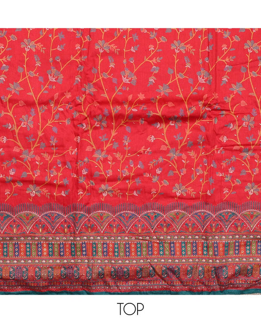 Red material churidar set, floral and kaleidoscopic geometric patterned rayon top, plain bottom, and dupatta of floral and geometric patterns