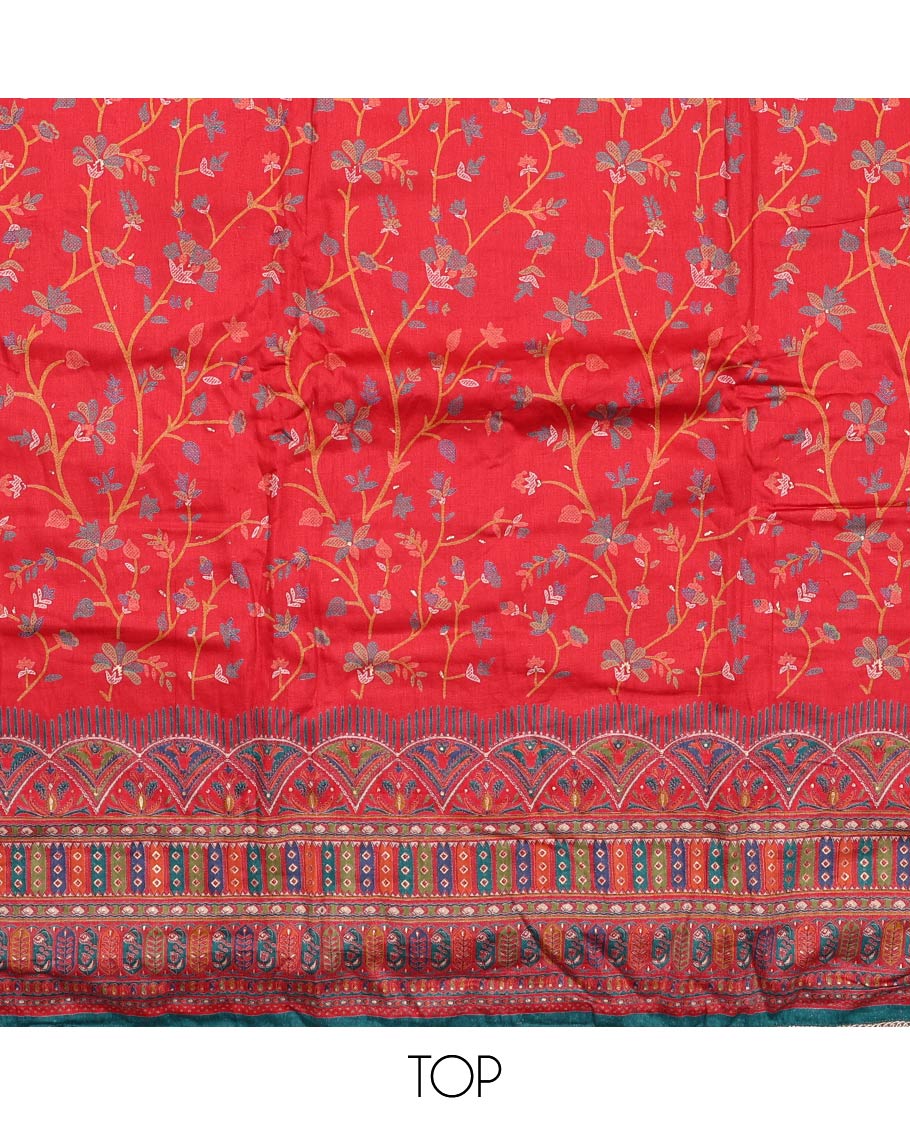 Red material churidar set, floral and kaleidoscopic geometric patterned rayon top, plain bottom, and dupatta of floral and geometric patterns