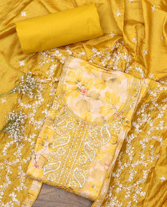 Yellow material chudidar set, floral print and neck embroidered top, plain bottom, and floral jaal embroidered dupatta