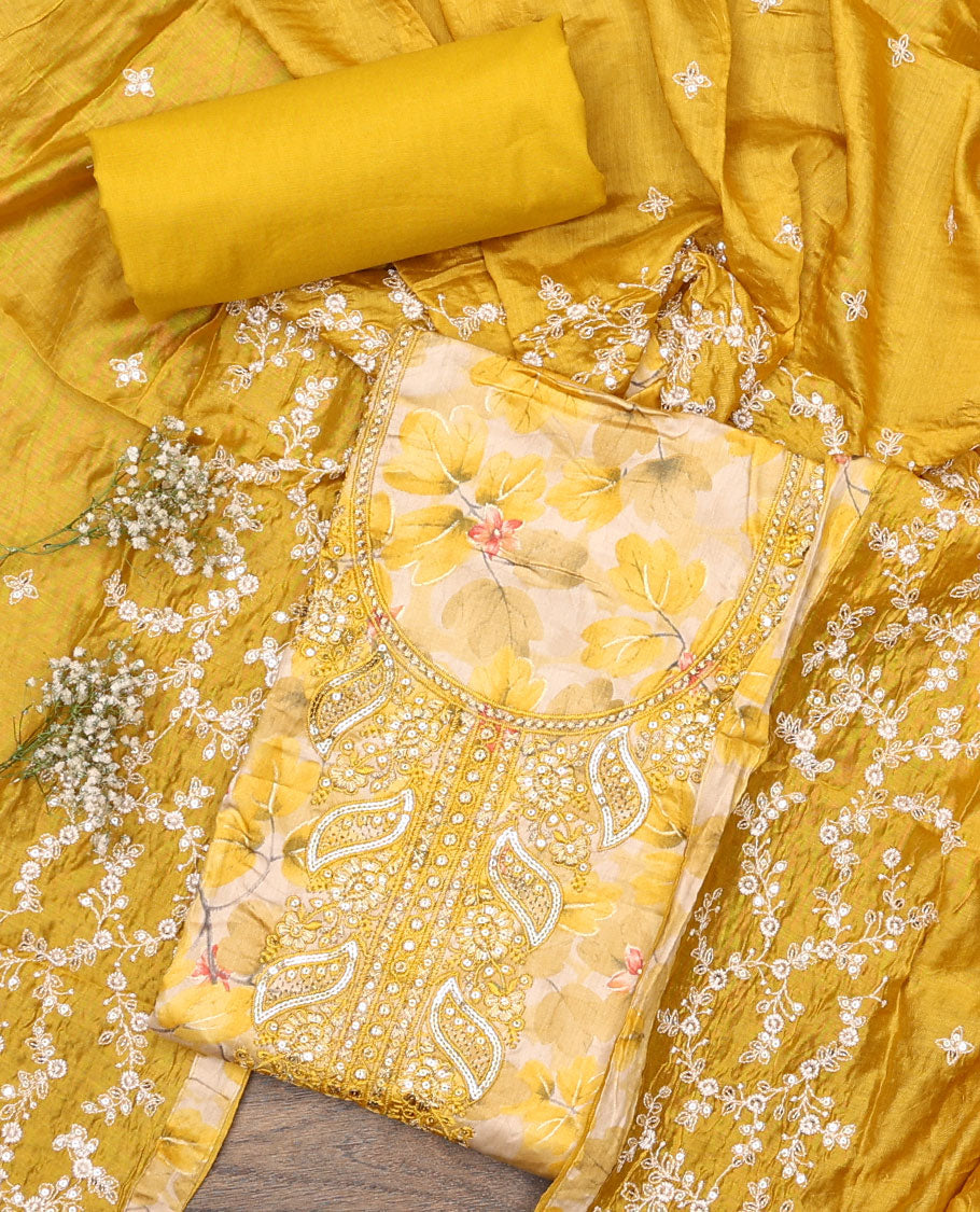 Yellow material chudidar set, floral print and neck embroidered top, plain bottom, and floral jaal embroidered dupatta