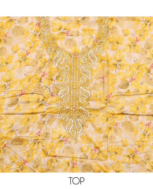 Yellow material chudidar set, floral print and neck embroidered top, plain bottom, and floral jaal embroidered dupatta