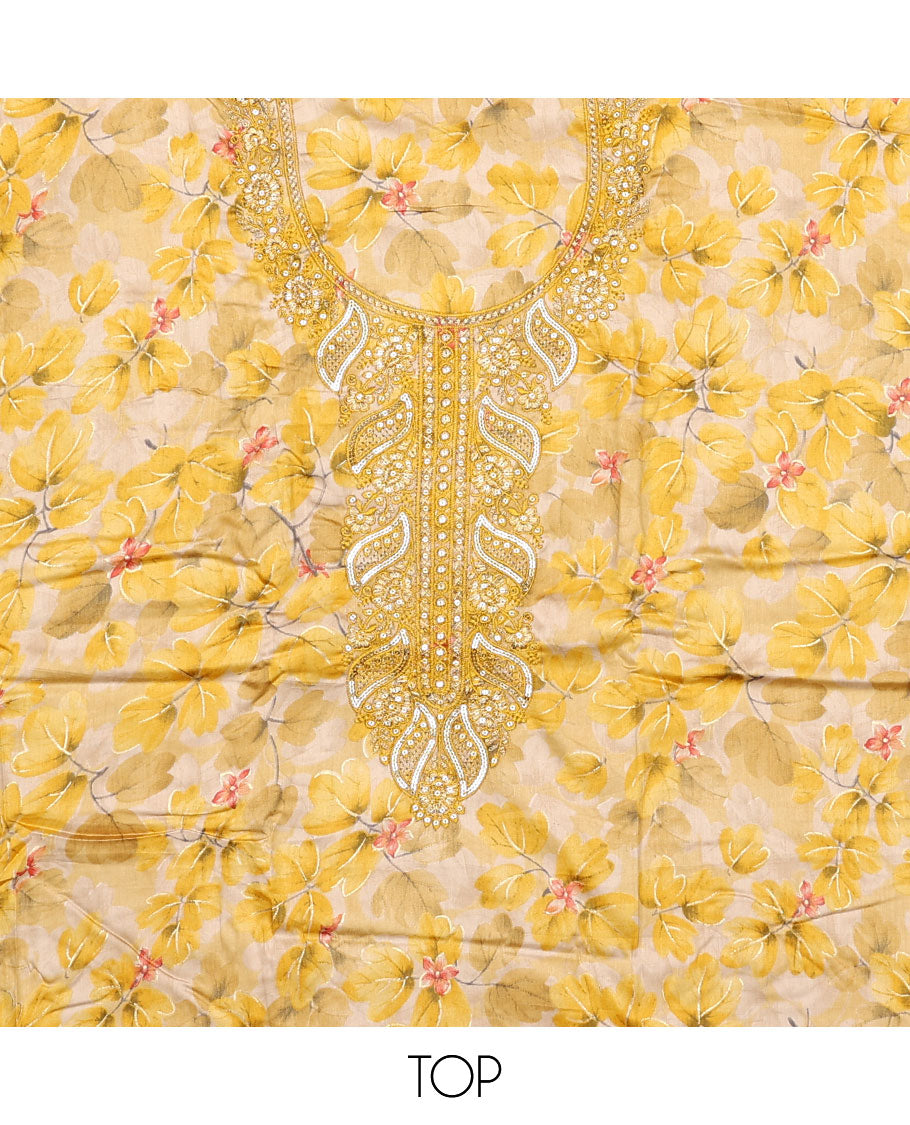 Yellow material chudidar set, floral print and neck embroidered top, plain bottom, and floral jaal embroidered dupatta