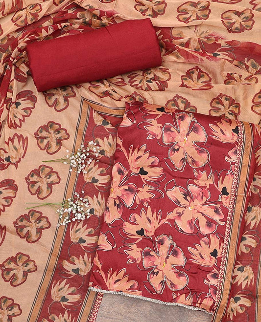 Terracotta red material chudidar set, floral printed top, plain bottom, and dupatta floral print
