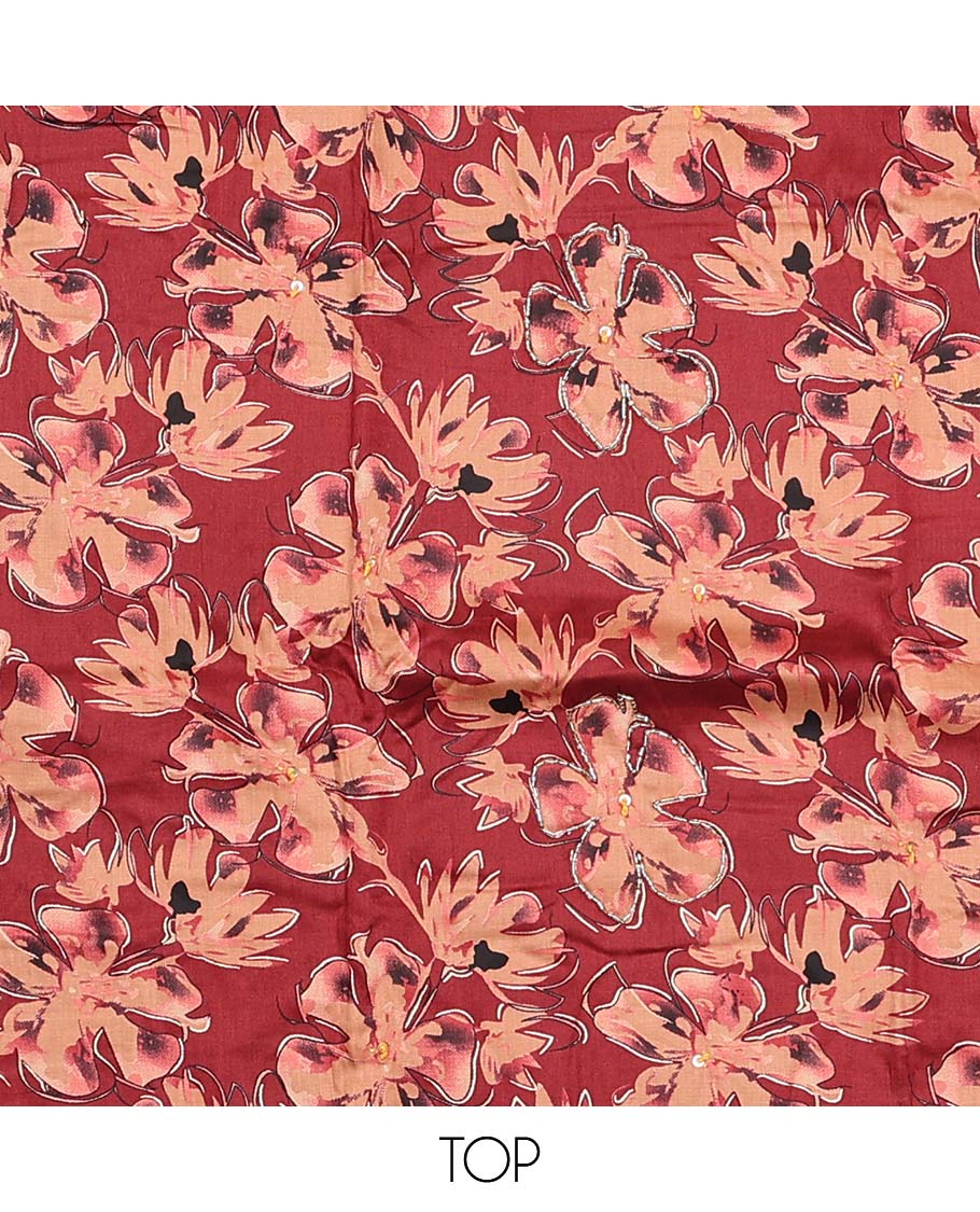 Terracotta red material chudidar set, floral printed top, plain bottom, and dupatta floral print