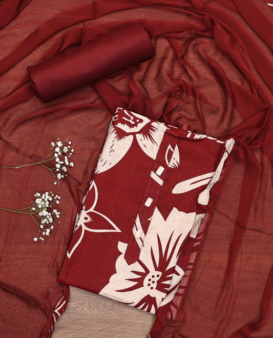 Maroon Material Chudidar Set, Elevated with Floral Print on Rayon Top, a Plain Cotton Bottom, and Paired with a Matching Plain Chiffon Dupatta